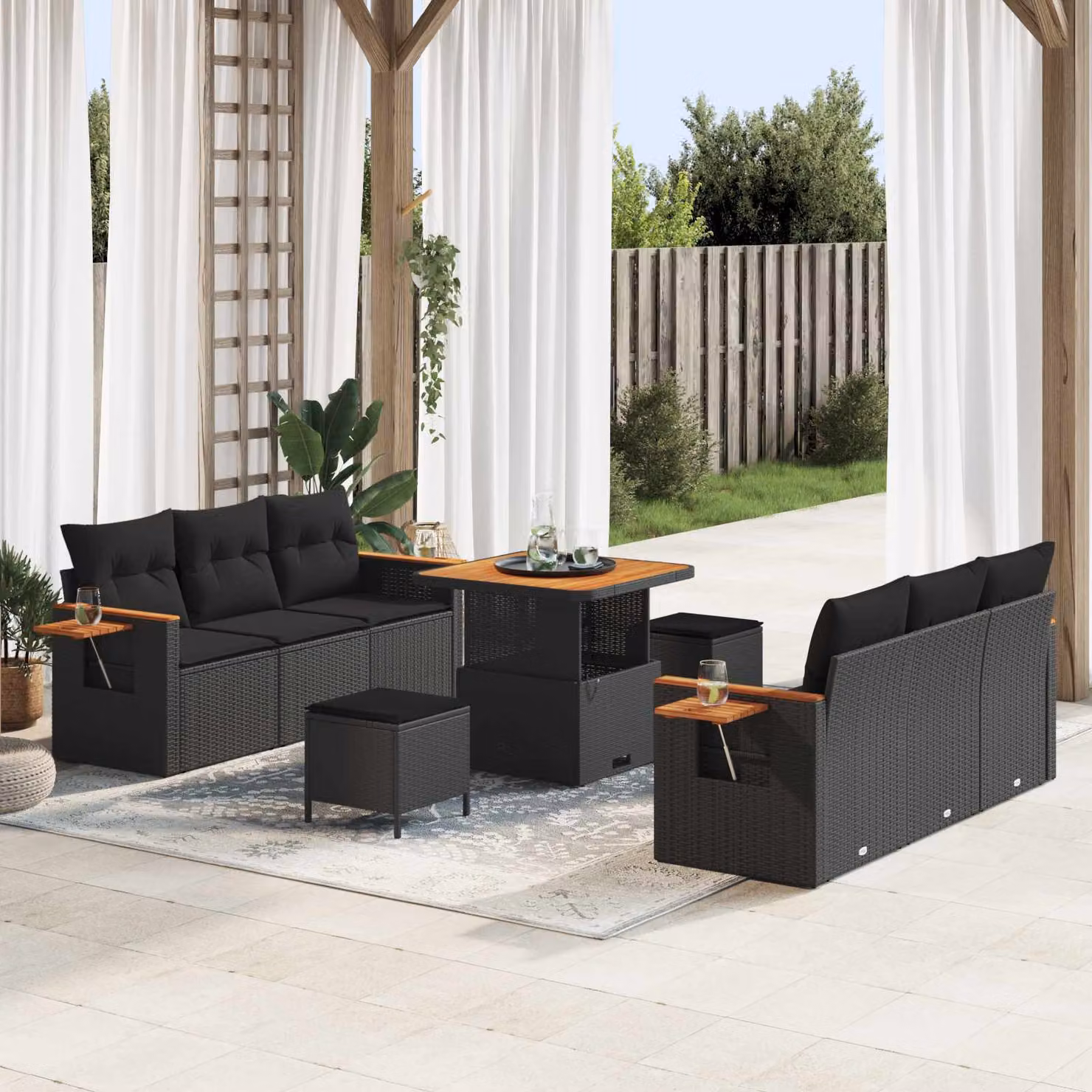 Set Divano da Giardino a L vidaXL in Polyrattan Nero con Cuscini e Tavolino da 9 Pezzi – 1