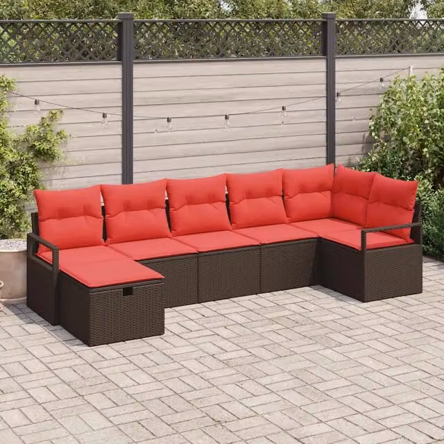 Set di divani 7 pz 7-Numero di posti Marrone e Rosso polyrattan 3359203