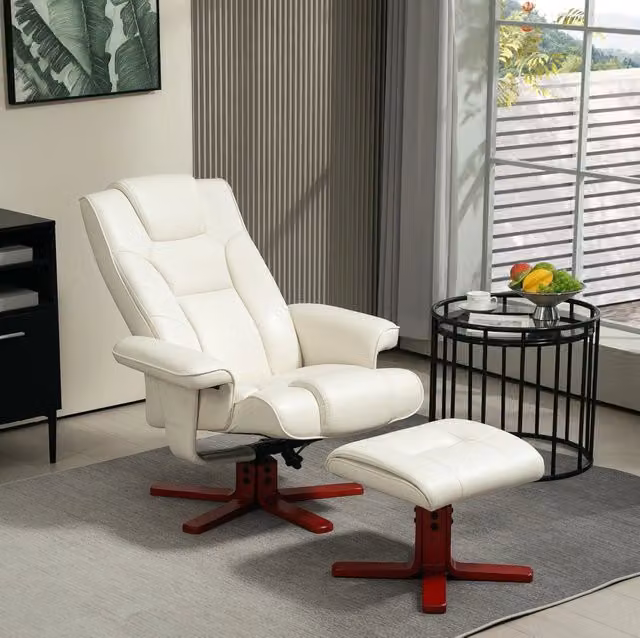 Poltrona relax ULEVR reclinabile fino a 135¡ã con poggiapiedi e funzione dondolo, similpelle bianco crema