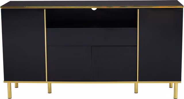 Credenza moderna GL Store con illuminazione LED integrata, finitura lucida, colore nero e oro, L 150 cm x P 40 cm x H 80 cm