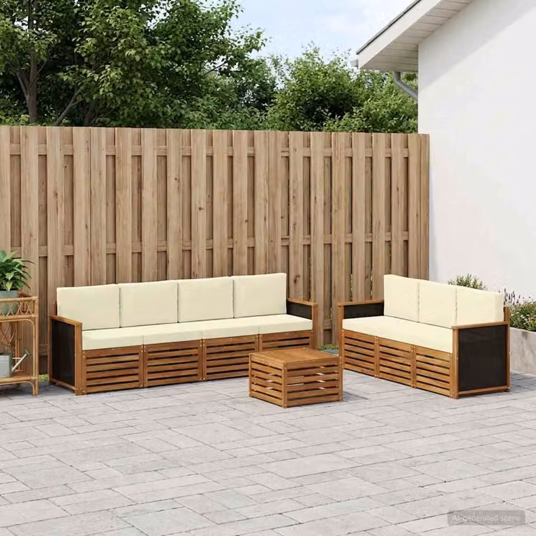 Set di divani da giardino vidaXL in legno di acacia massello con cuscini beige e marroni, composizione a L per 8 persone