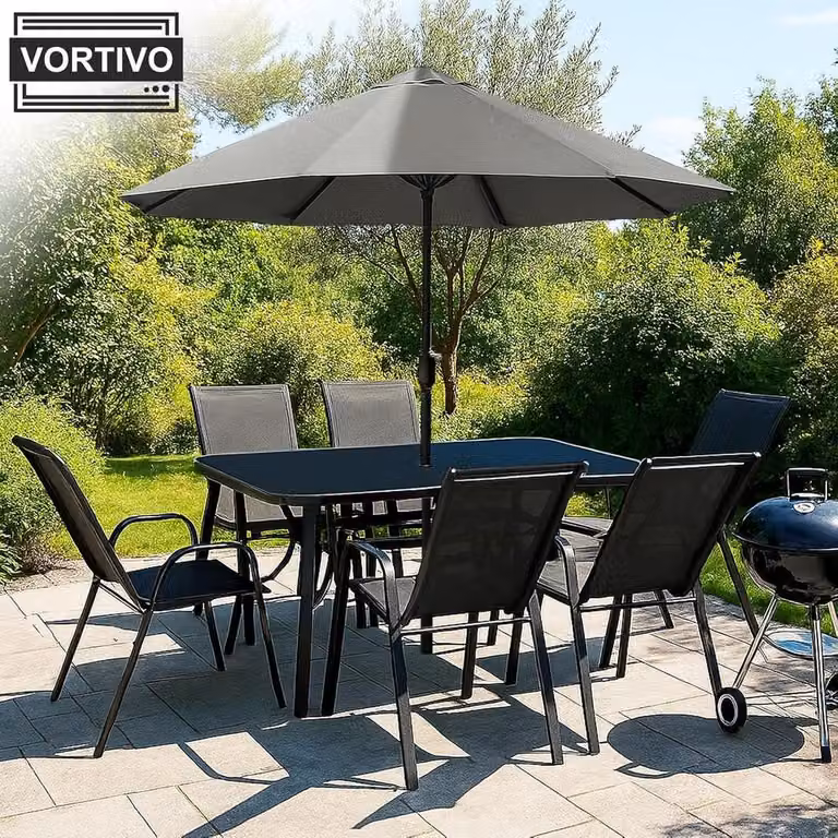 VORTIVO set di mobili da giardino per 6 persone con ombrellone - sedie impilabili, tavolo con piano in vetro - resistente alle intemperie - nero