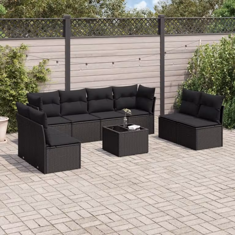 Set di divani da giardino vidaXL in polyrattan nero con cuscini e tavolino da esterno a forma di L