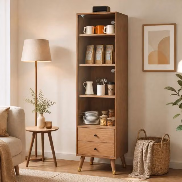 Mobile alto moderno con porta in vetro, ripiani regolabili e 2 cassetti, mobile da soggiorno, bagno e ufficio effetto legno