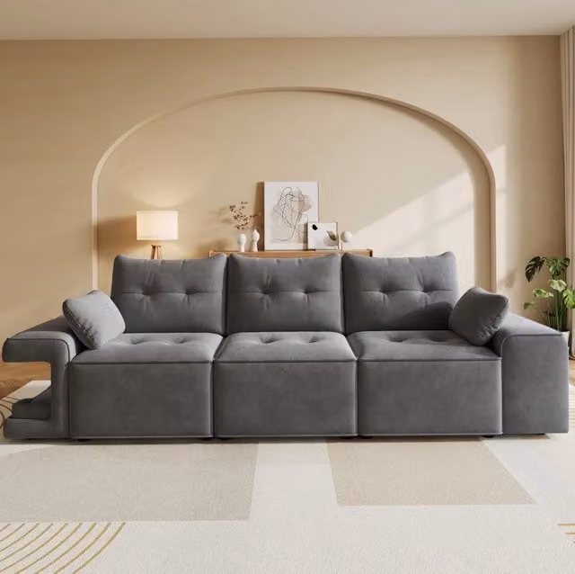 Divano 3 posti 229,5x78x84 cm in velluto grigio con portaoggetti, per spazi piccoli –