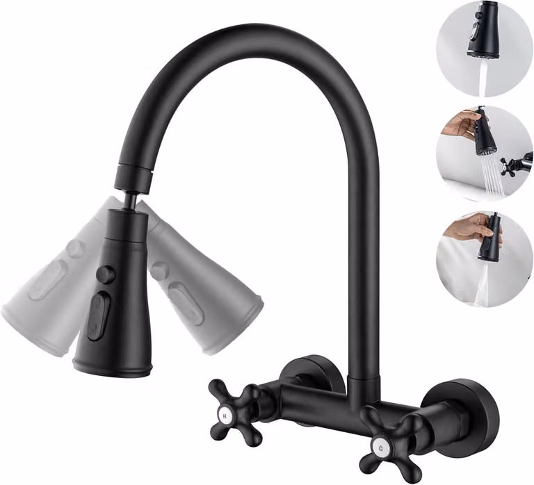 Rubinetto da parete per cucina, con rotazione a 360°, 3 modalità di spruzzo, finitura nera opaca, in acciaio inossidabile, ideale per la cucina