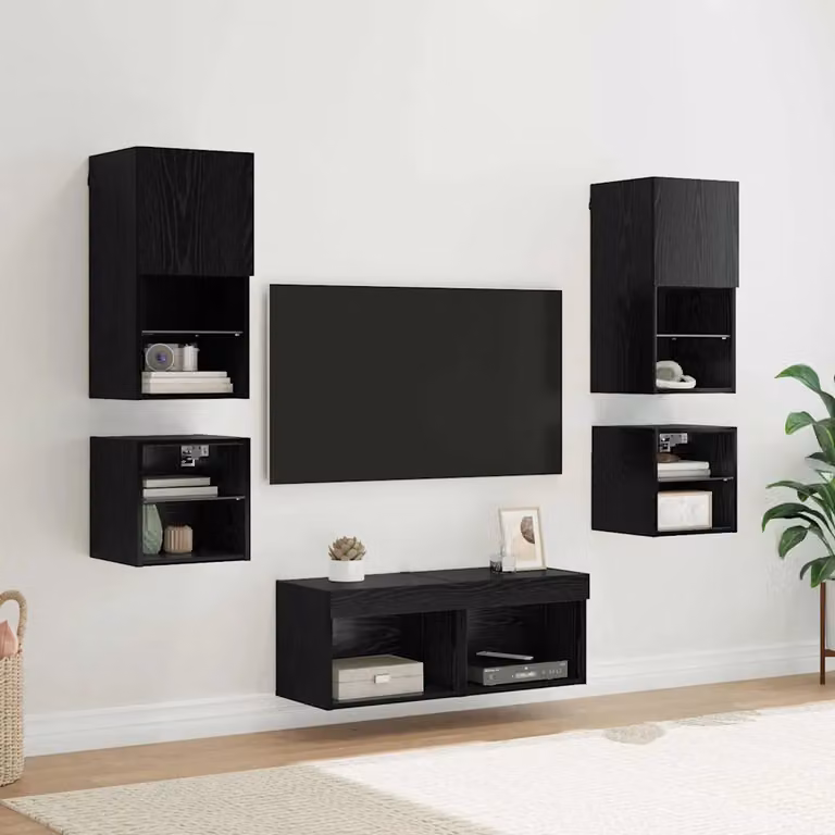 Unità per TV a muro moderna vidaXL in 8 pezzi, Rovere e Nero, in legno MDF