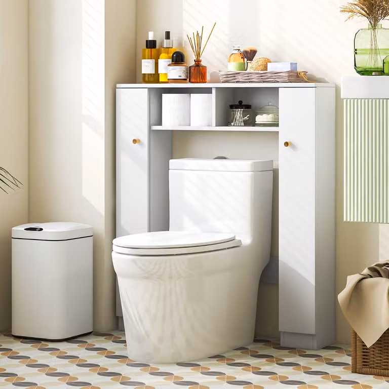 Scaffale sopra WC Costway con doppia anta, 2 scomparti aperti e 4 ripiani regolabili, Mobile a ponte per bagno Bianco