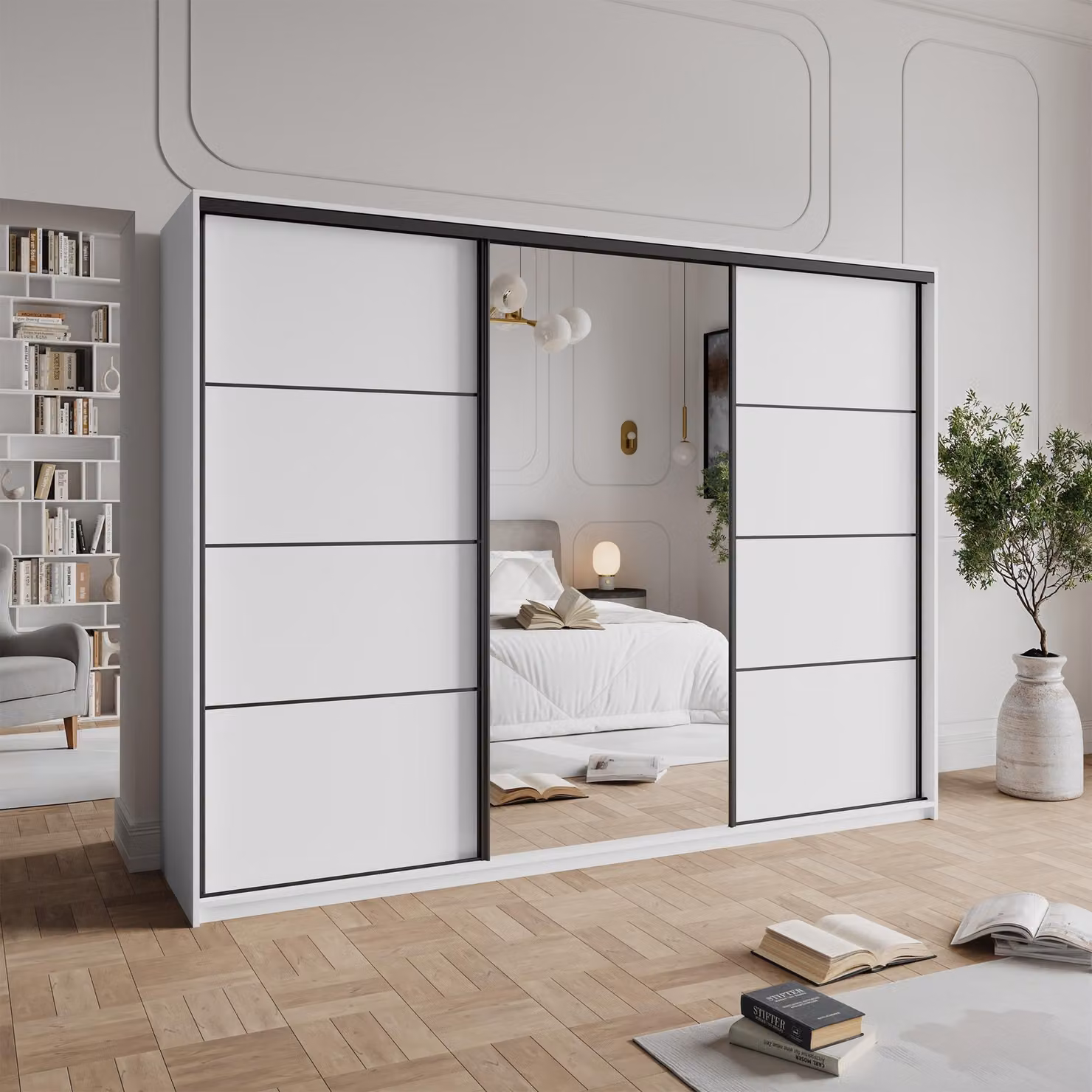 Armadio scorrevole Masseno VARO 250/205/60 cm Armadio con 4 cassetti Armadio per camera da letto a 3 ante con specchio Bianco