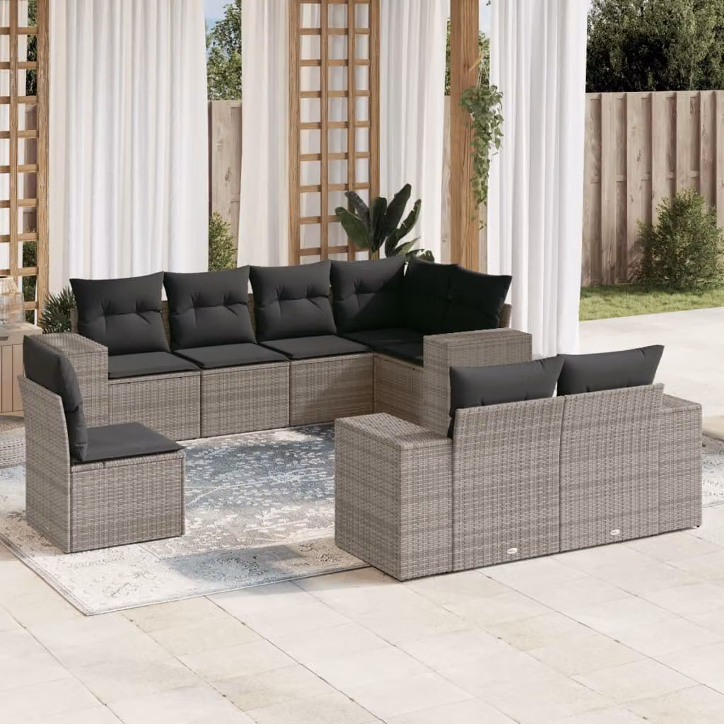 vidaXL Set Divano da Giardino 8 pz a Forma di L in Polyrattan Grigio con Cuscini e Ottoman – 1