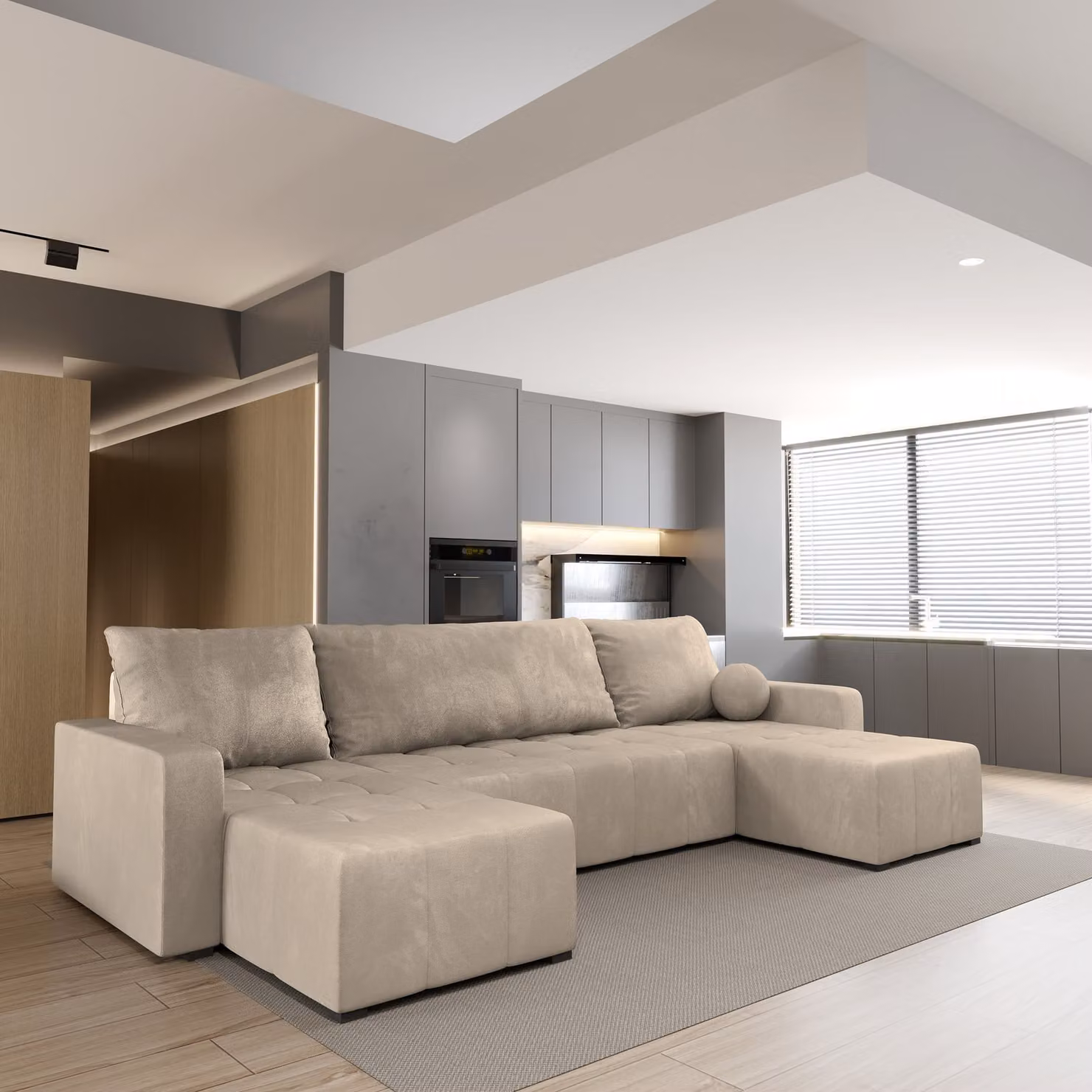 Divano angolare Masseno TOLARI con funzione letto a U, divano con box letto, divano da soggiorno, divano, divano letto, set di divani - beige, PAROS 02