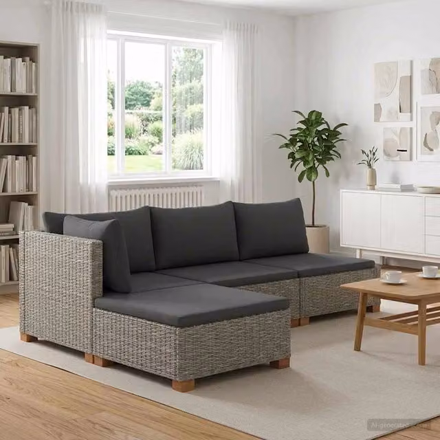 Set Lounge da Giardino vidaXL in Rattan e Legno con Cuscini Grigi, Composizione a L con Divano 2 Posti, Elemento Angolare e Pouf – 1