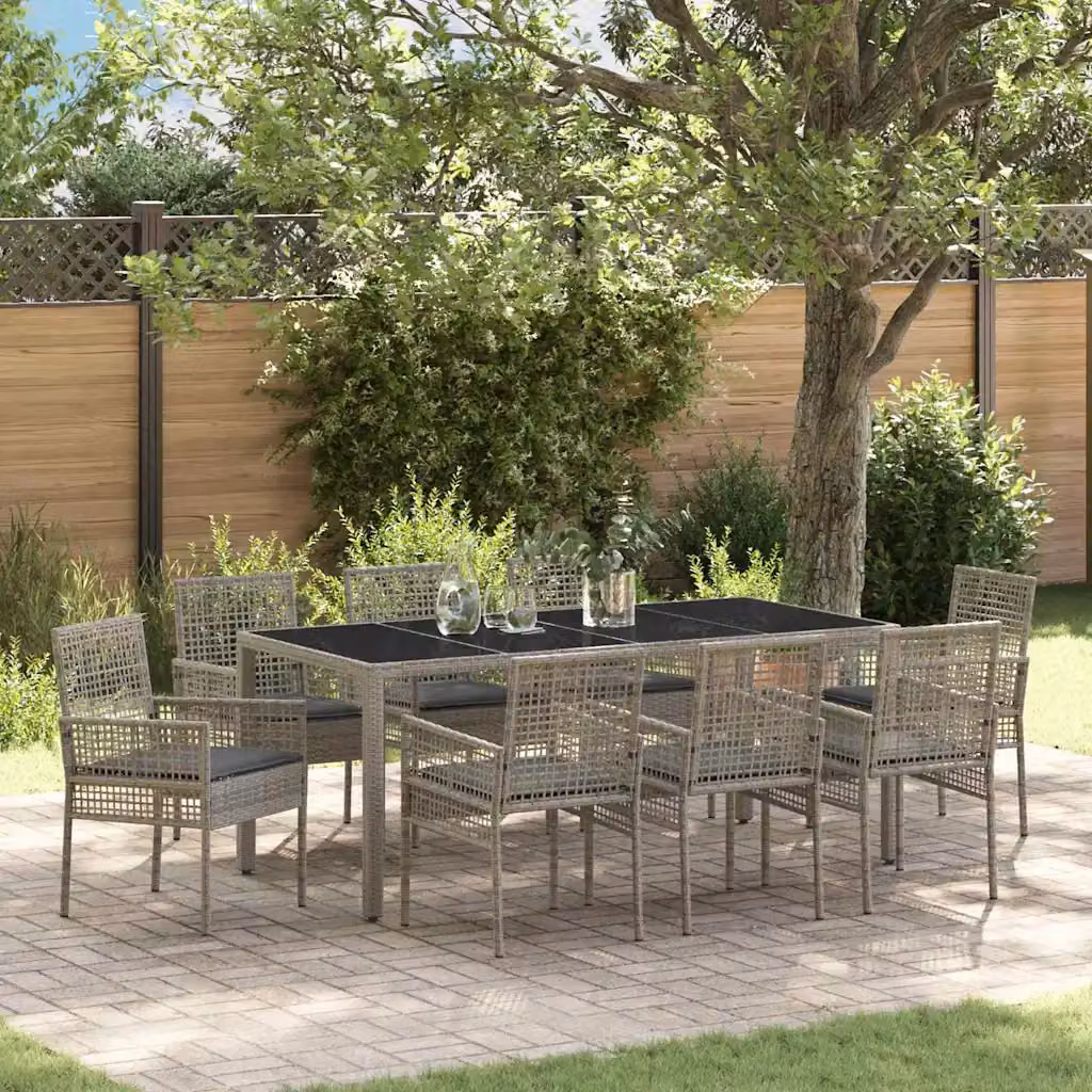 Set da pranzo per giardino e terrazzo vidaXL in polyrattan e vetro, 9 pezzi, Grigio