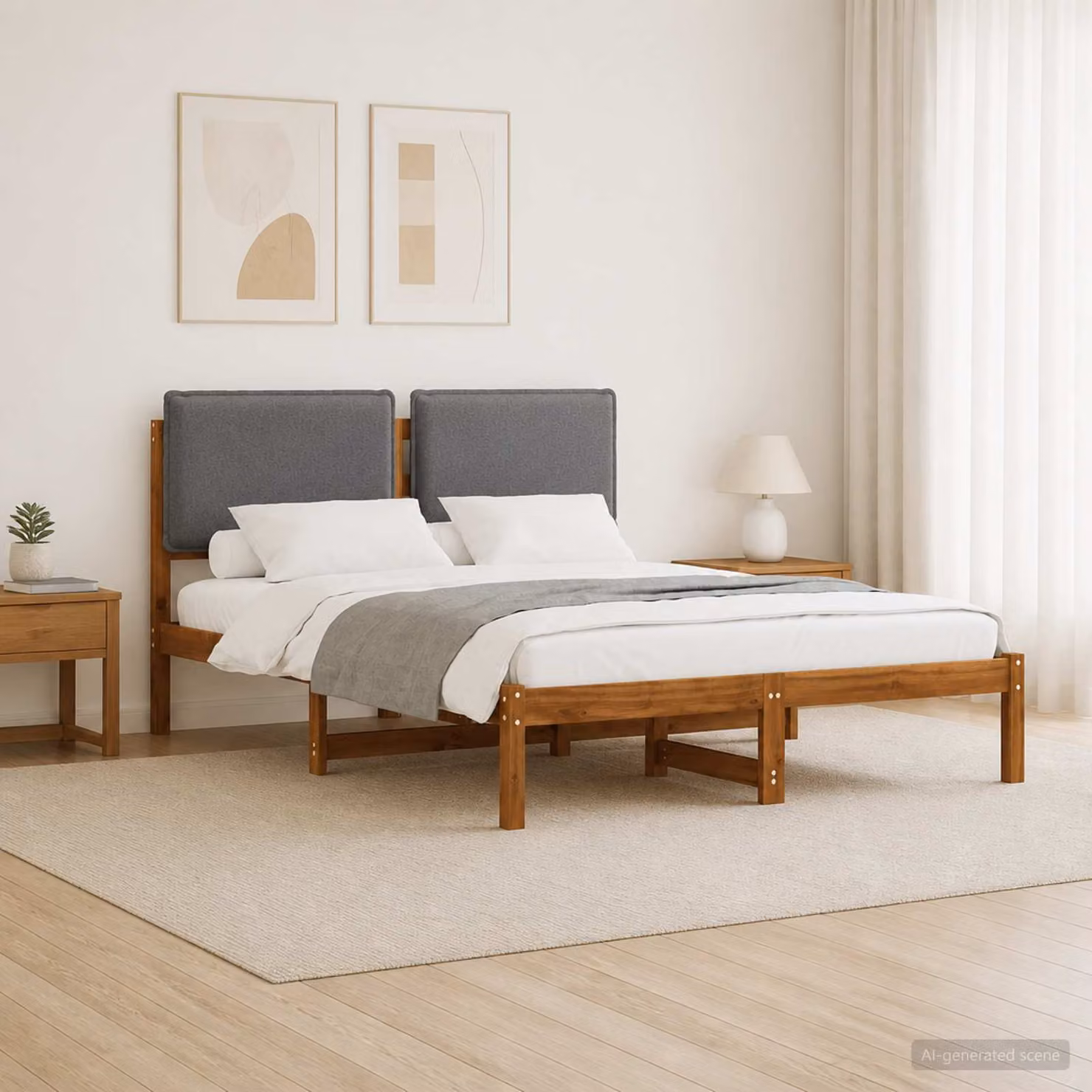 Letto con Testiera Rivestita vidaXL in Legno di Acacia e Tessuto, Colore Naturale e Grigio Chiaro, L/P/H: 160 x 200 x 85 cm