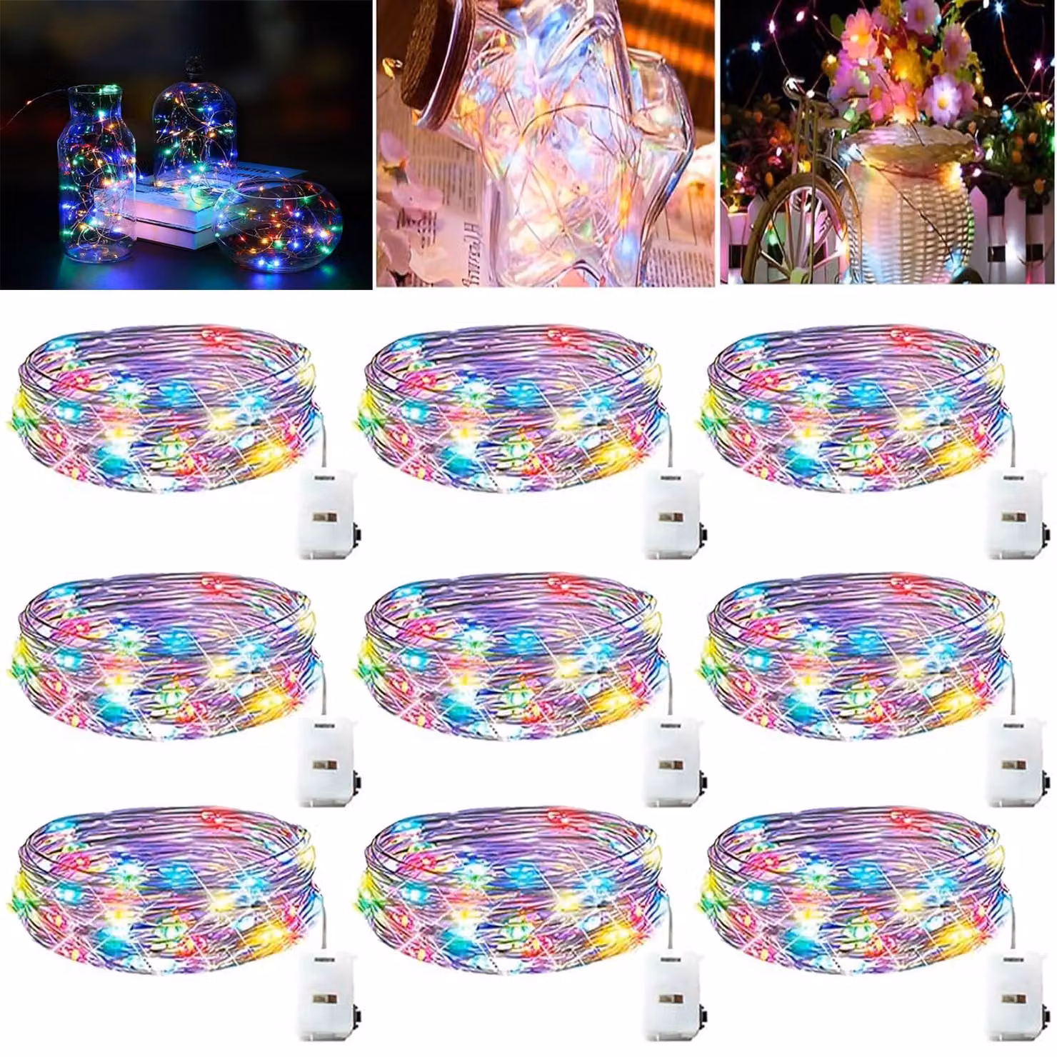 Catena luminosa LED mini, confezione da 9, lunghezza 2 metri, 20 LED, grado di protezione IP68 (impermeabile), luce bianco caldo