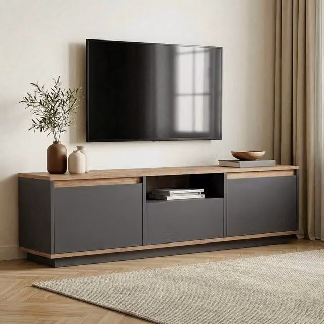 Mobile porta TV Morrigan DMORA con un ripiano, design moderno, colore nero antracite, L: 160 cm, P: 30 cm, H: 42 cm