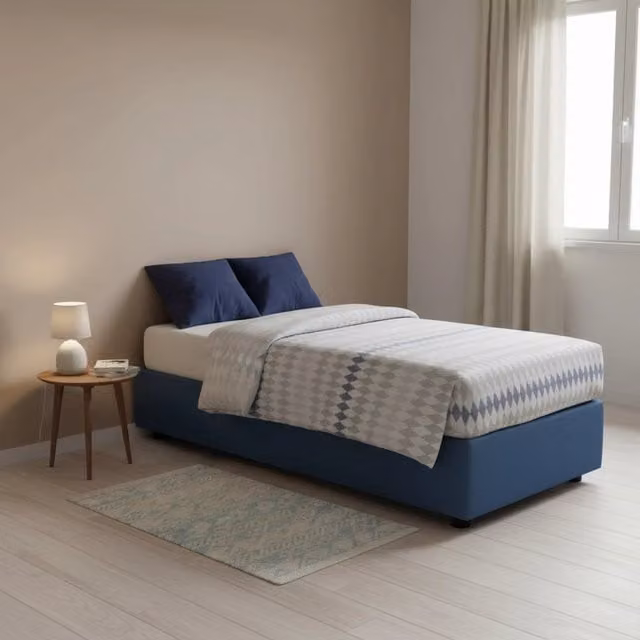 Letto singolo contenitore Avova di Talamo Italia con rivestimento in tessuto e materasso incluso, Blu, L/P: 80 x 200 cm