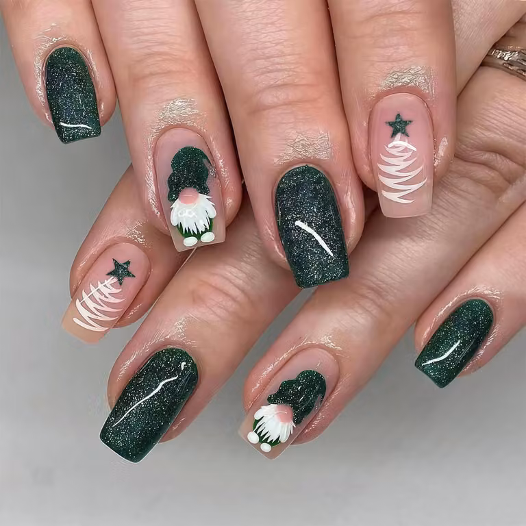 Unghie finte "Press On" a tema natalizio, verde, con glitter, forma a mandorla media, confezione da 24 pezzi