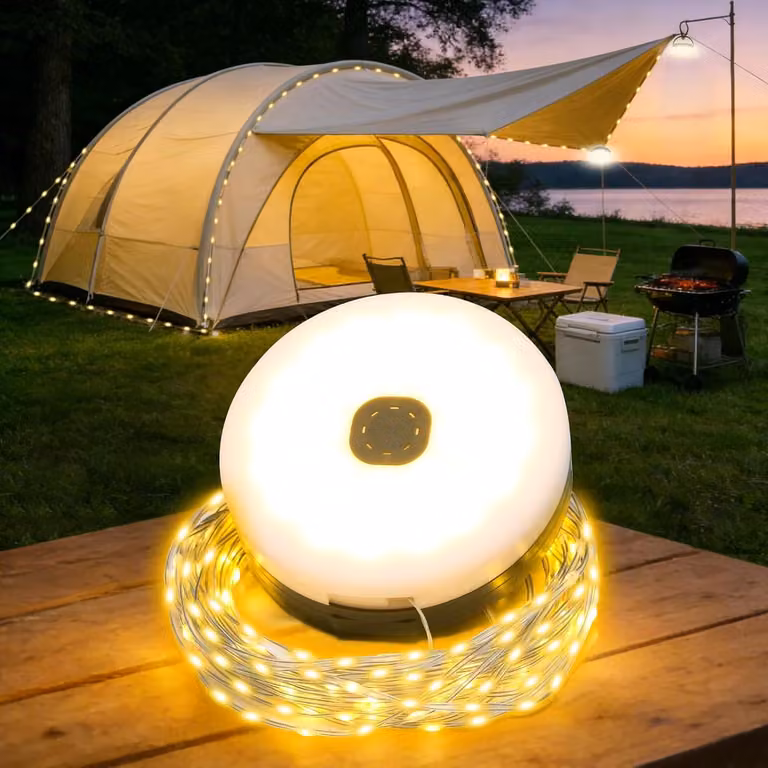 Catena luminosa da campeggio, 10 metri - A batteria - Grado di protezione IP44 (resistente all'acqua) - Con timer - Per uso esterno