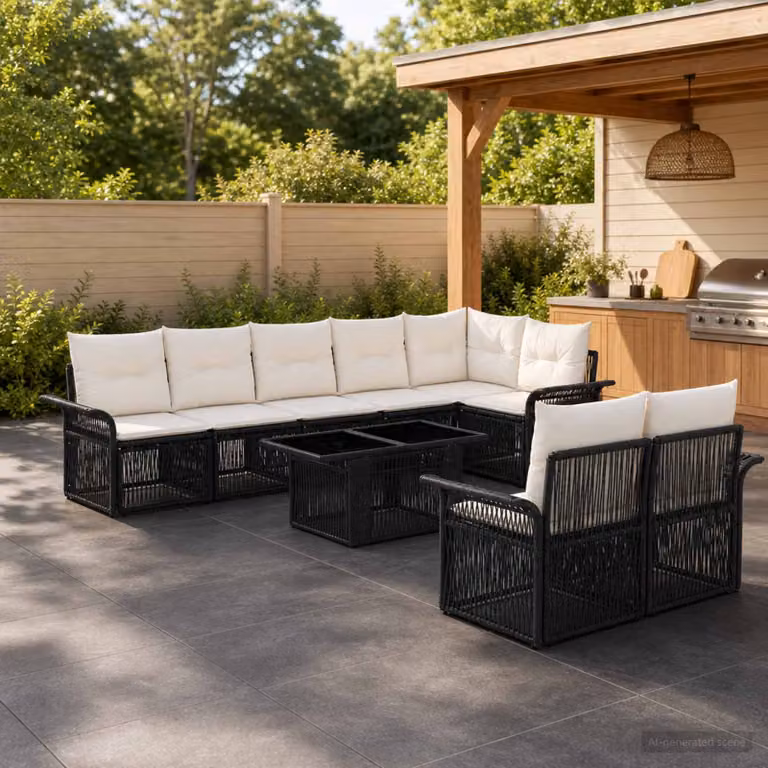 Set Divano da Giardino vidaXL 9 pz in Polyrattan Nero e Bianco Crema con Cuscini e Tavolino da Esterno a Forma di U