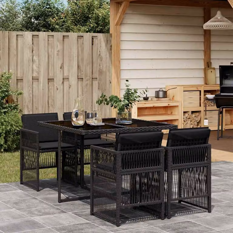 Set da Pranzo da Giardino vidaXL 5 pz Nero con Cuscini in Polyrattan e Tavolo in Vetro