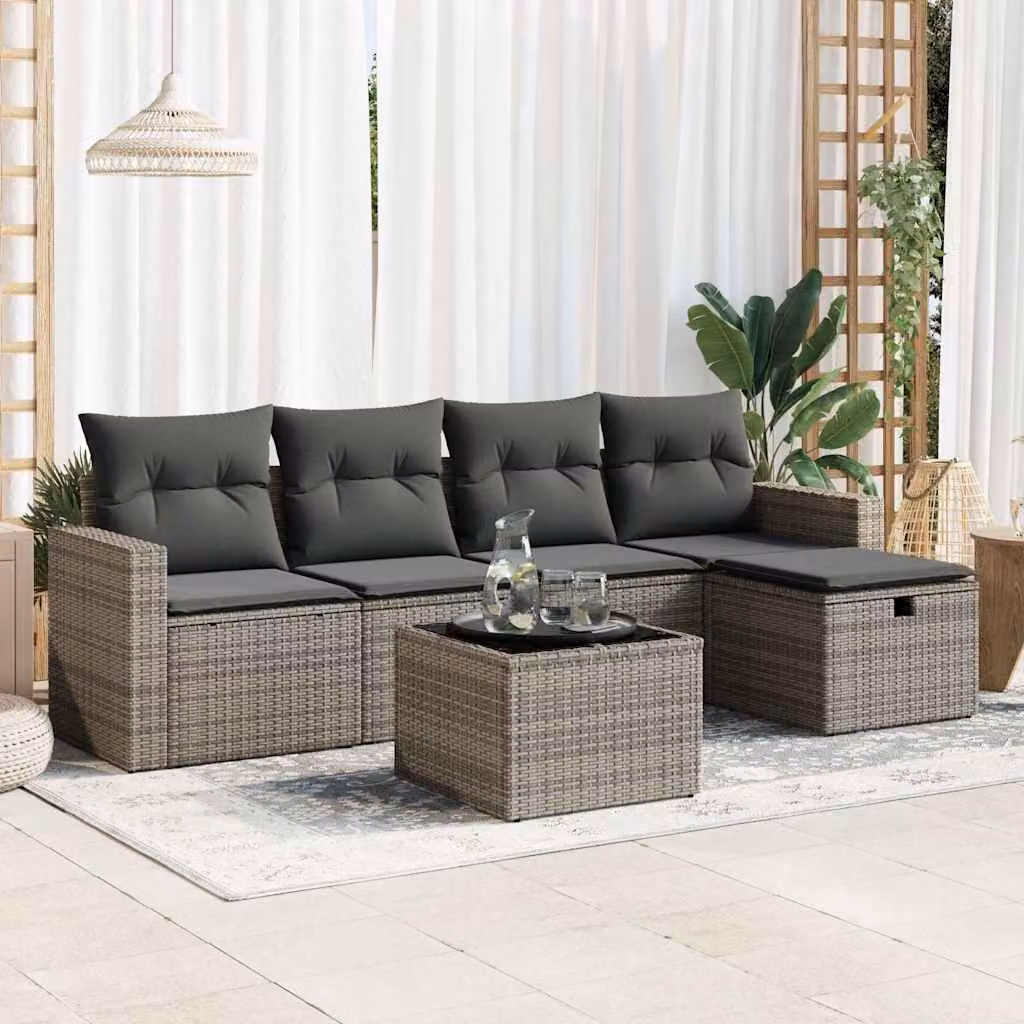 Set Divano da Giardino L-Shape vidaXL in Polyrattan Grigio con 6 Pezzi e Cuscini Imbottiti