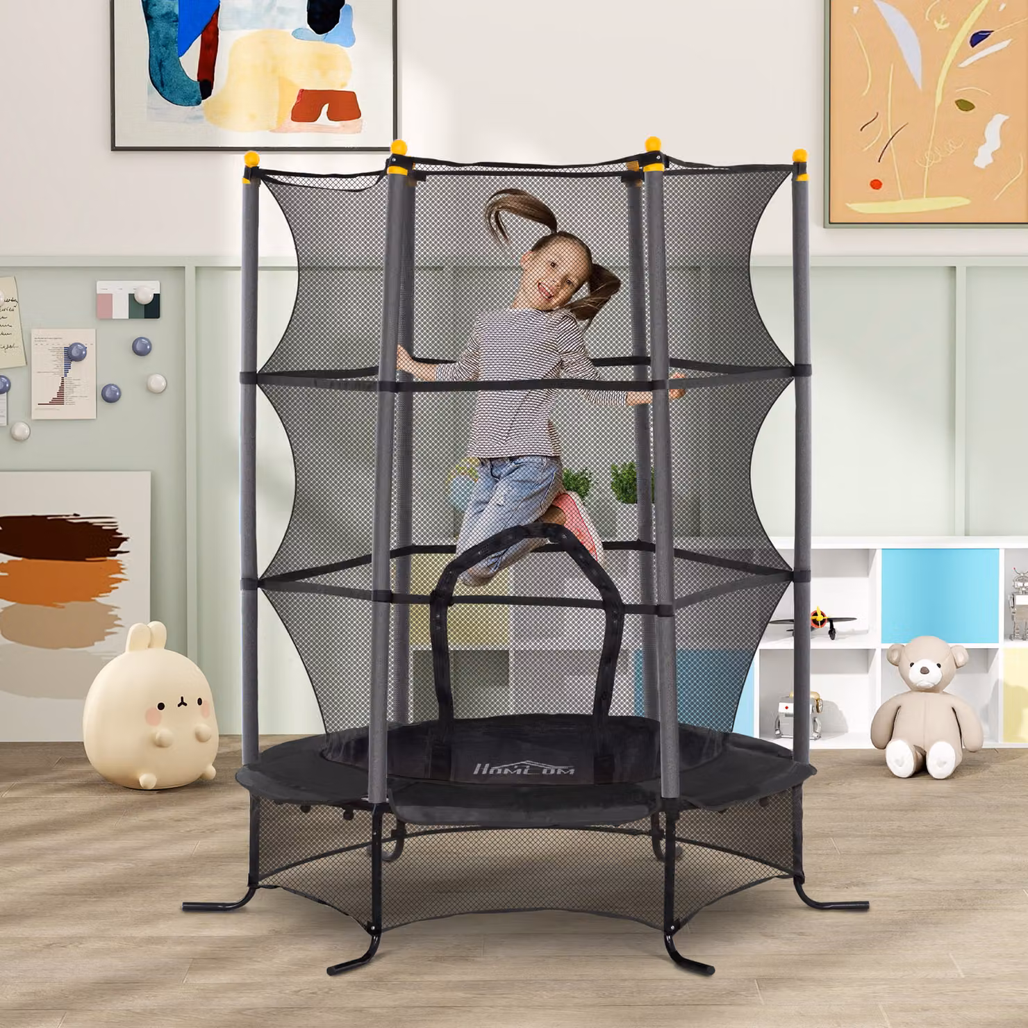 Trampolino Elastico per Bambini HOMCOM con Rete di Sicurezza e Pali Imbottiti, Nero, Ø: 160 cm, H: 190 cm – 2
