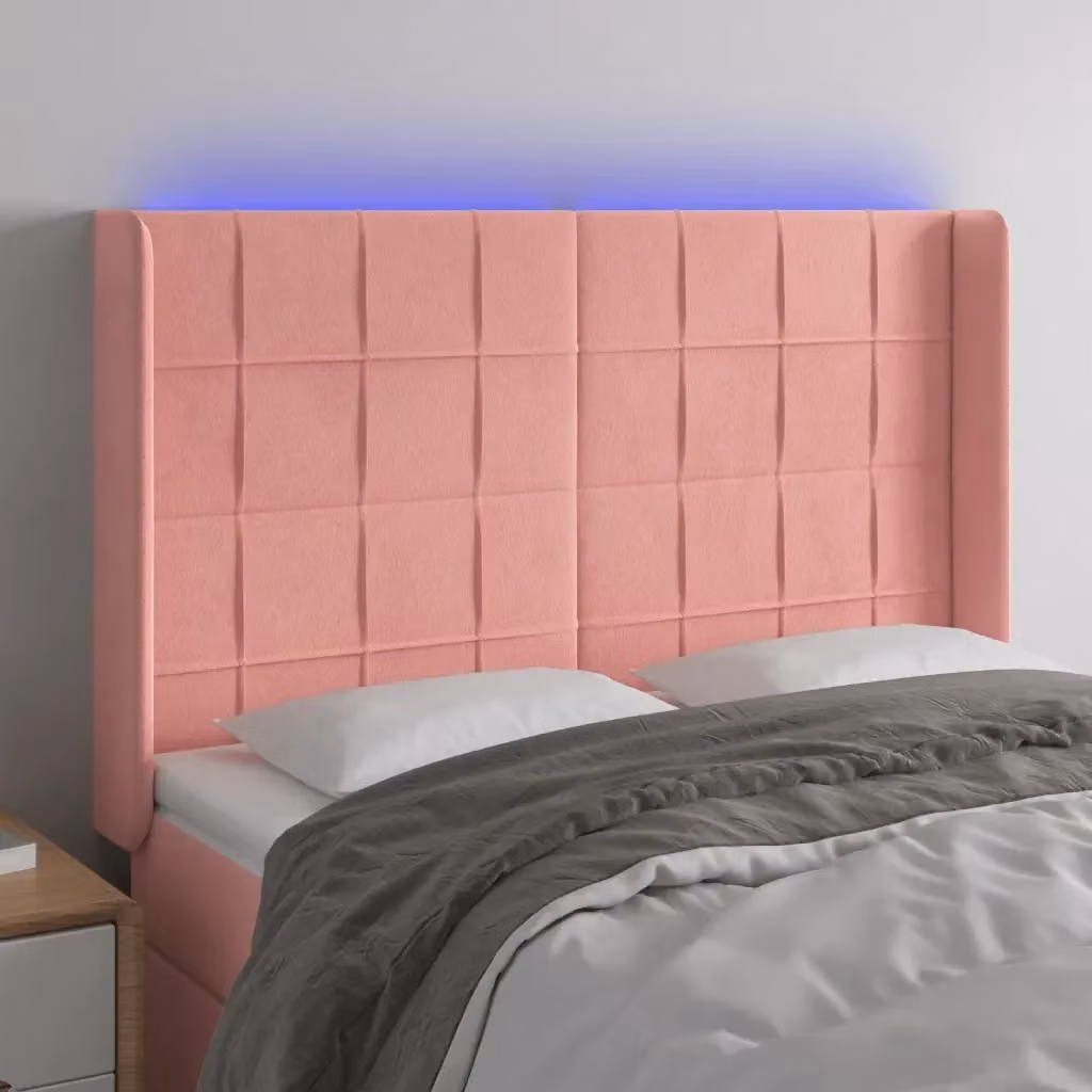 Testiera moderna in velluto rosa con illuminazione LED integrata e porta di ricarica USB, L: 147 cm, P: 16 cm, H: 118/128 cm – 2