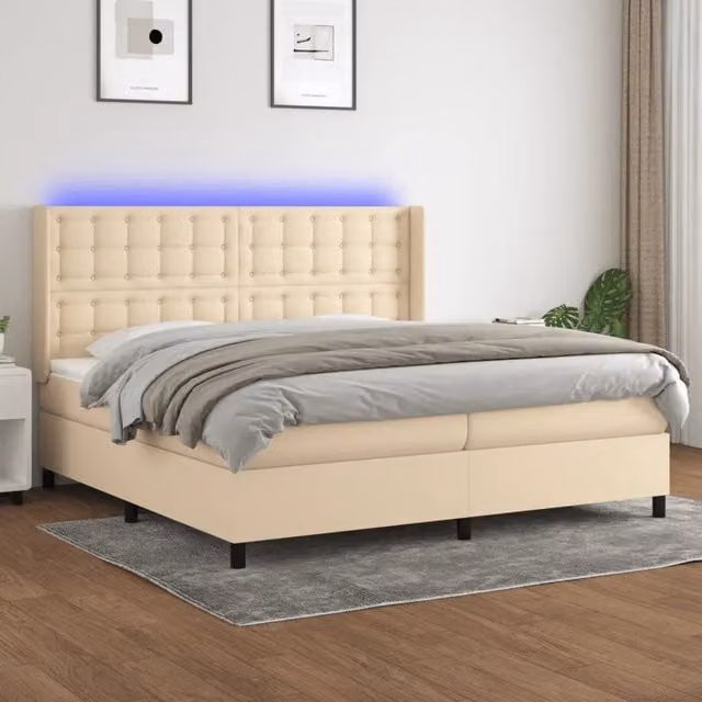 Letto moderno vidaXL con materasso a molle pocket e illuminazione LED sotto il letto, colore bianco e beige, L/P/H: 200 x 200 x 203 cm – 1