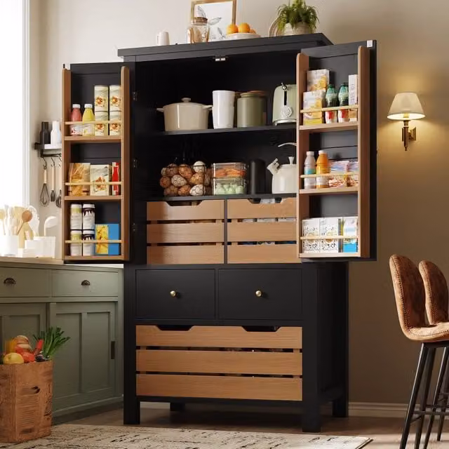 Mobile da cucina 80x40x140 cm, credenza alta multiuso con 2 ante e 5 cassetti, nero/bianco
