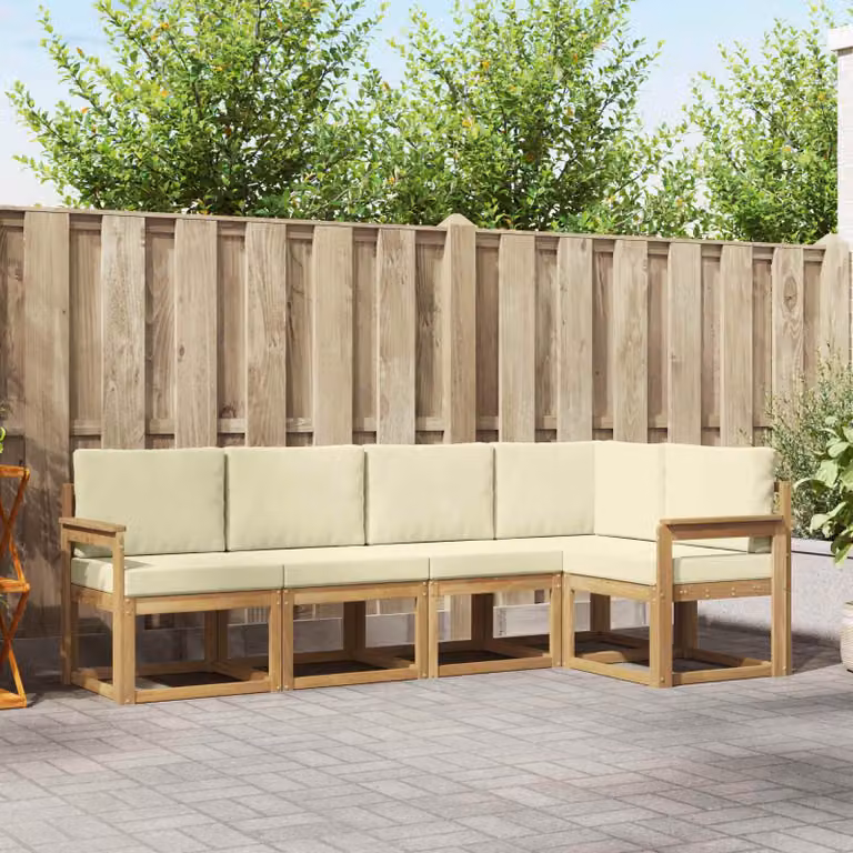 vidaXL Set di divani da esterno a forma di L in legno di acacia con cuscini, Bianco, Beige e Marrone