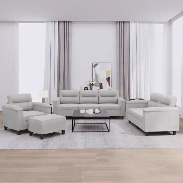 Set di Divani 4 Pezzi vidaXL in Tessuto Microfibra Grigio con Cuscini e Pouf – 1