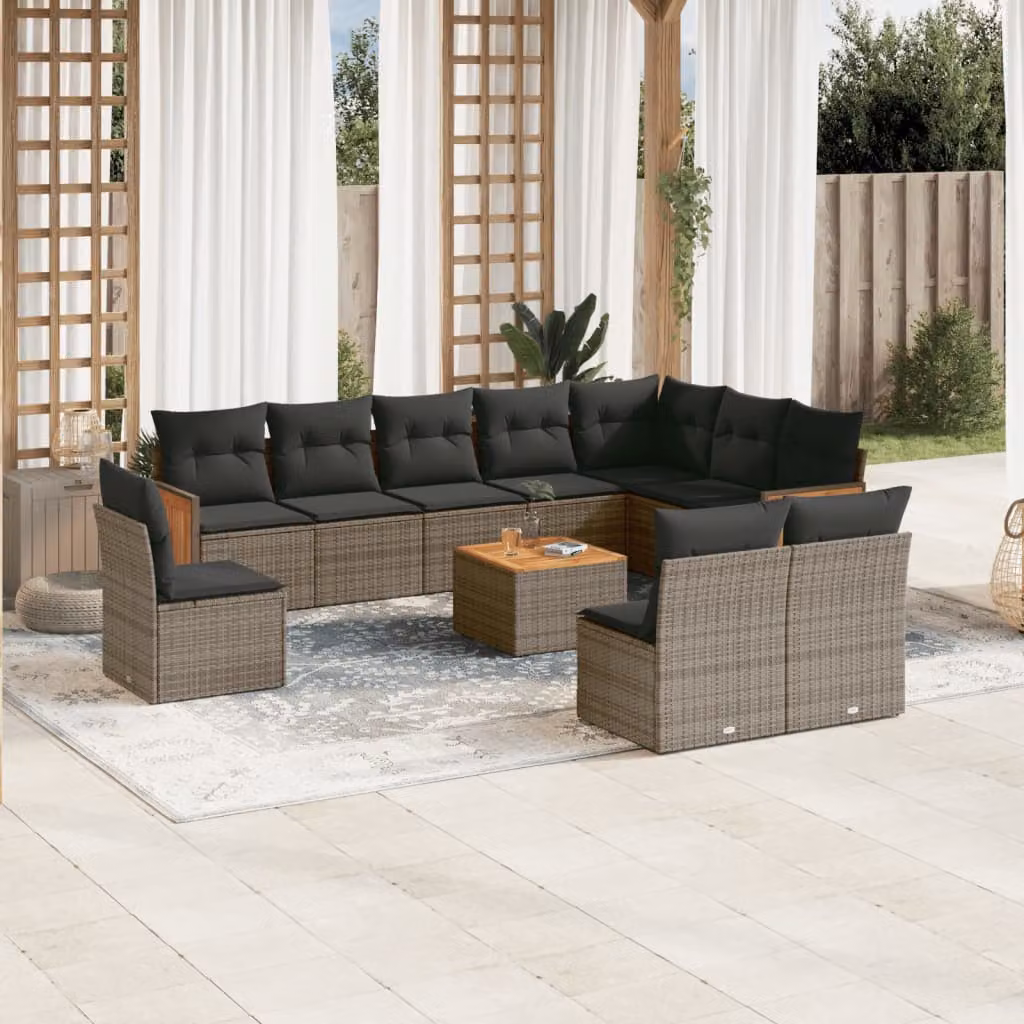 Set di divani da giardino vidaXL 11 pz in polyrattan grigio con cuscini e tavolino da esterno a forma di L – 1