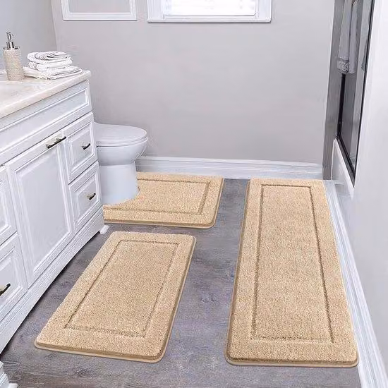 Set di tre tappetini da bagno antiscivolo e lavabili in lavatrice, super assorbenti, color beige