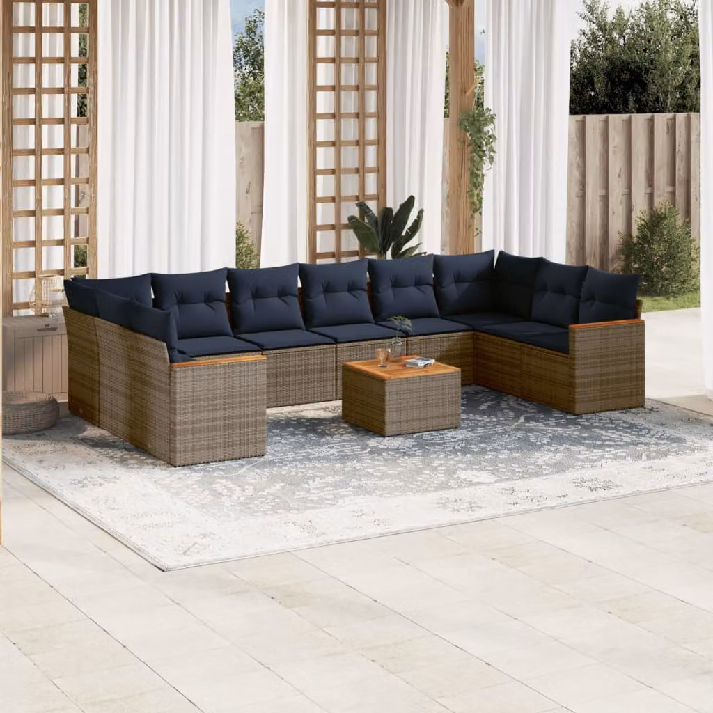 Set Divani da Giardino vidaXL 11 pz a Forma a L con Tavolino e Cuscini, Polyrattan e Acciaio, Grigio e Blu