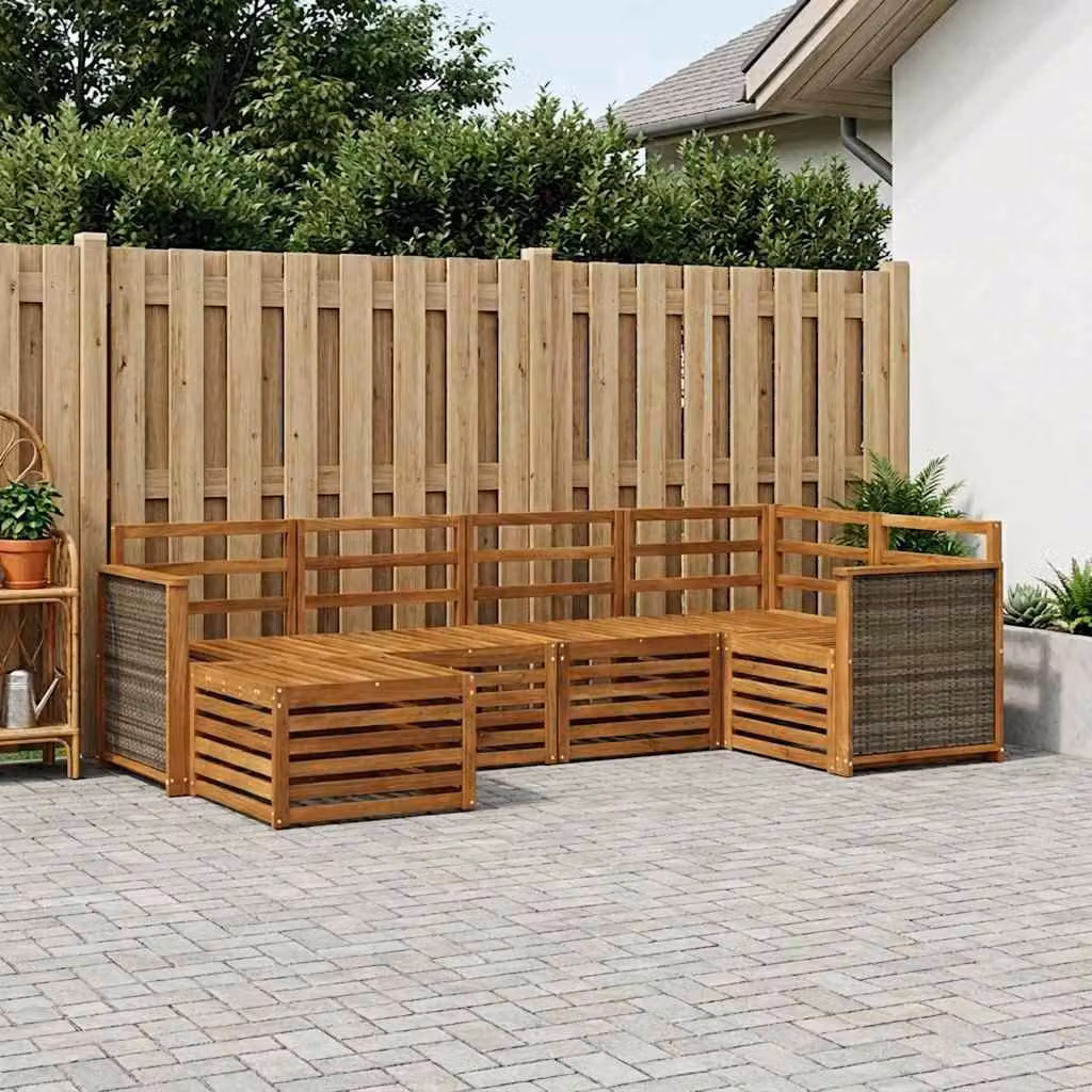 Set di divani da esterno vidaXL a forma di L in legno di acacia massello marrone con pouf e cuscini, 5 pezzi