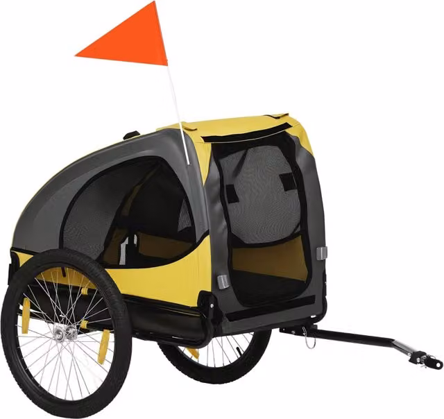 Rimorchio bici per cani con telaio in acciaio, finestre a rete e attacco universale, giallo, pratico e resistente, 140 x 71 x 83 cm
