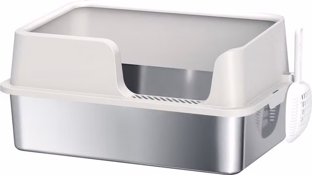 Lettiera per gatti PawHut con bordi rialzati, vassoio e paletta in acciaio inox e PP, Grigio Chiaro, L 60 cm x P 40 cm x H 28 cm – 1