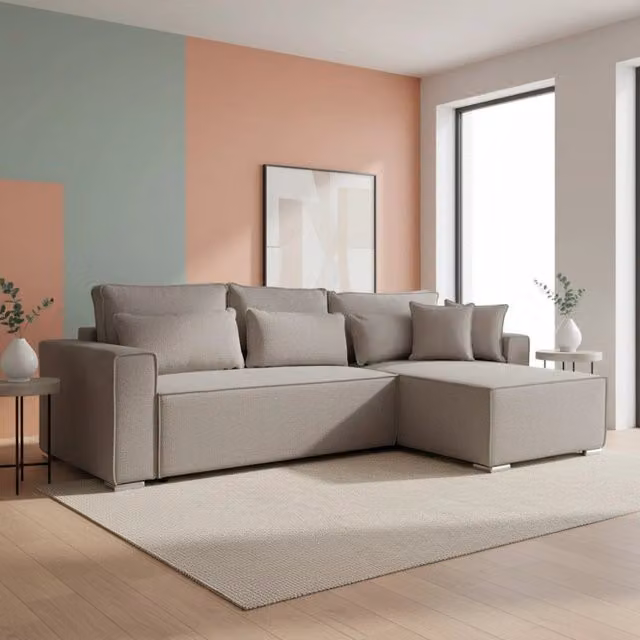 Divano Angolare Emily TEZETA Beige con Letto Easy Open, Contenitore e Penisola Reversibile L/P/H: 265 x 159 x 89 cm – 1