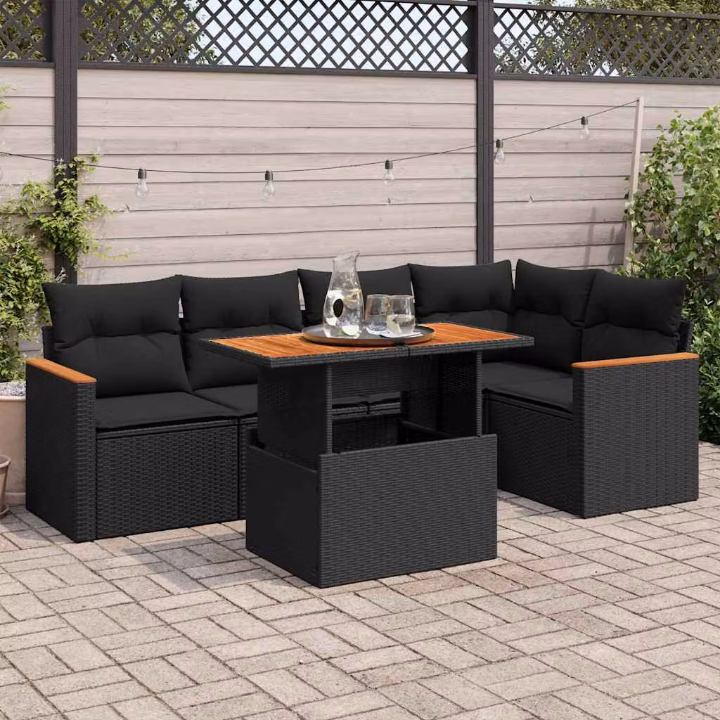 Set Divano da Giardino vidaXL 6 pz in Polyrattan Nero con Cuscini e Tavolino da Caffè in Legno di Acacia