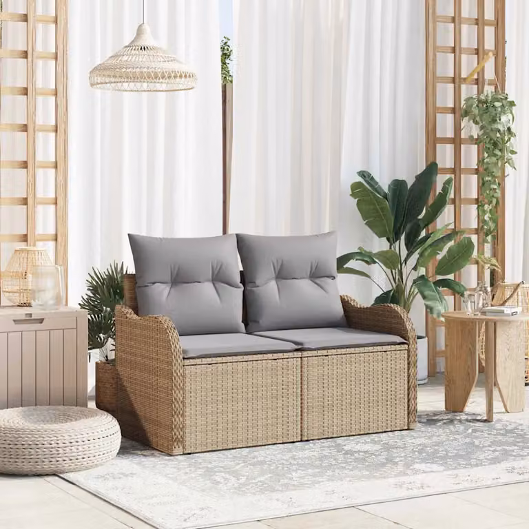 Divano da giardino vidaXL in polyrattan con cuscini beige, L: 121 cm, P: 62 cm, H: 69 cm