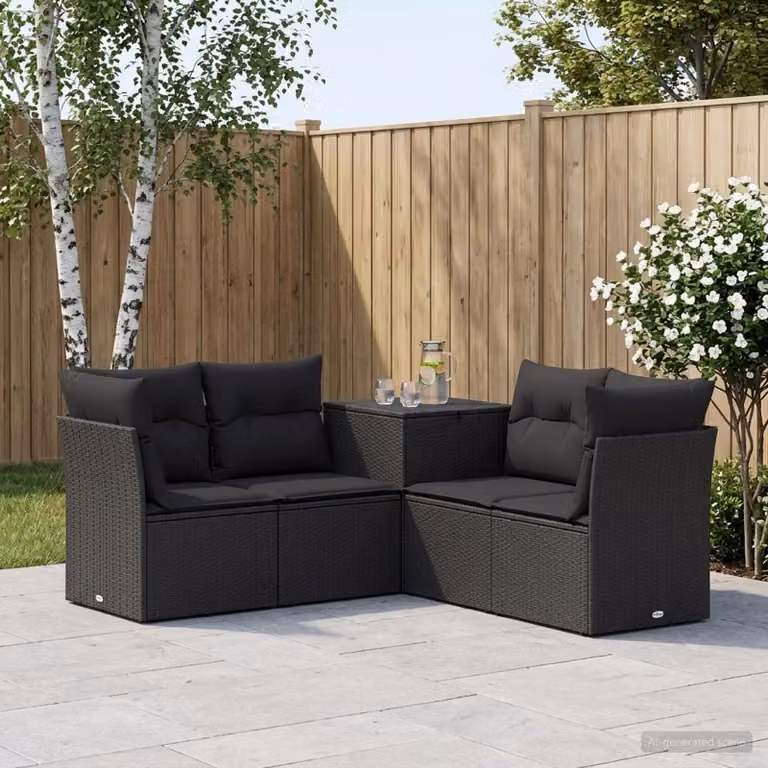 Set di divani da giardino vidaXL a forma di L composto da 5 pezzi in rattan sintetico e metallo nero con cuscini inclusi