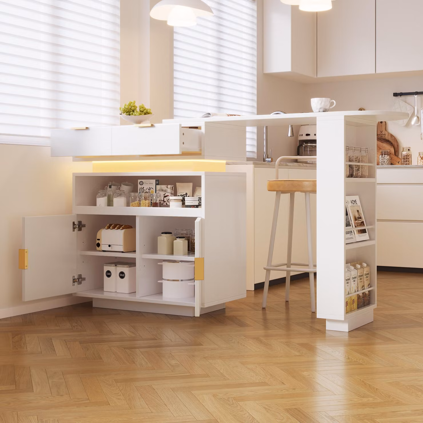 MODFU: Isola da cucina, tavolo da bar pieghevole, tavolo da lavoro, mobile da cucina con spazio contenitivo e illuminazione LED, dimensioni 115–183 × 40 × 99,5 cm, colore bianco
