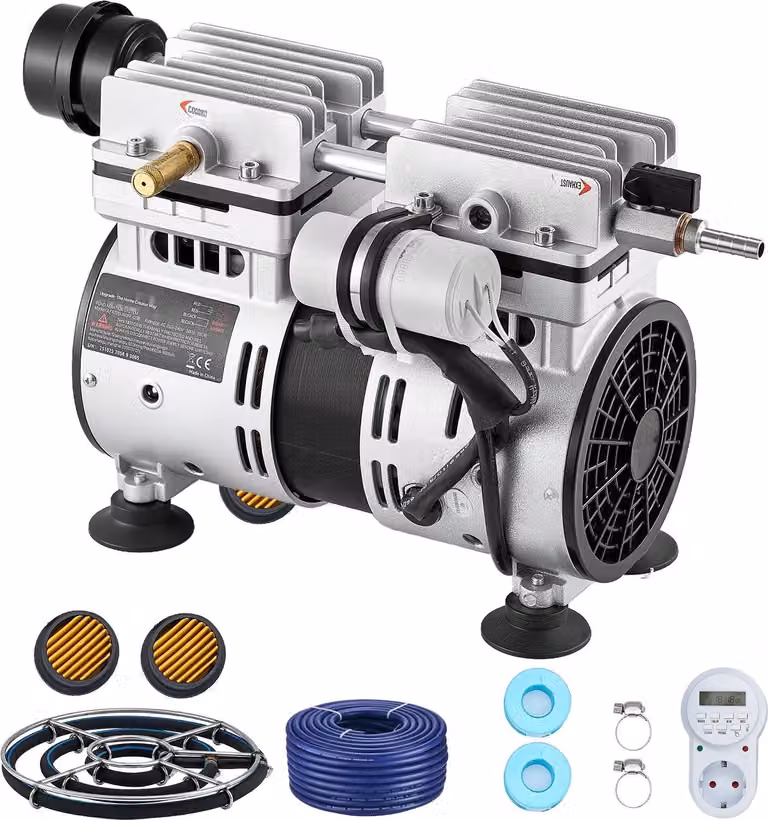 Aeratore per laghetti - Set di aerazione per laghetti/sistema di aerazione - Potenza 590 W - Velocità 1400 giri/min - Piastra diffusore nano 360° - Pompa aria/compressore aria - Circolazione ossigeno