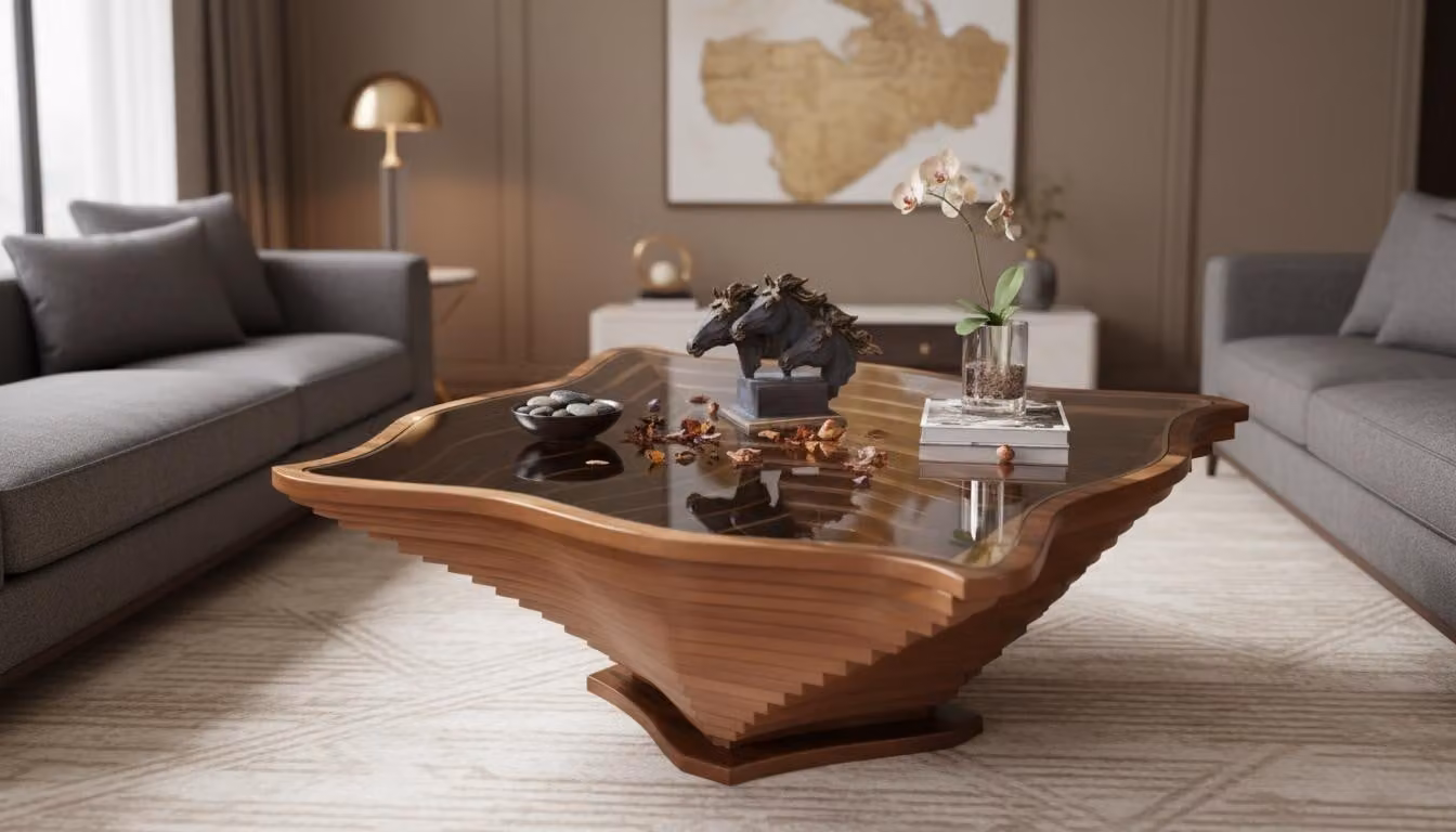 Tavolino da salotto, colore marrone, design moderno e lussuoso, realizzato in legno e vetro, nuovo