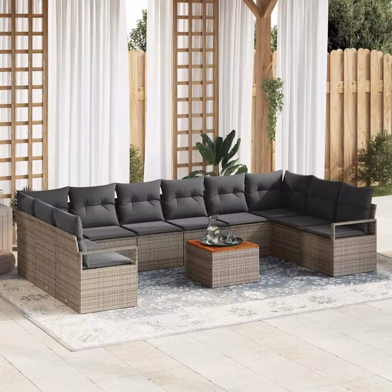 Set Divano da Giardino vidaXL 11 Pezzi Grigio con Cuscini e Tavolino in Polyrattan e Acciaio