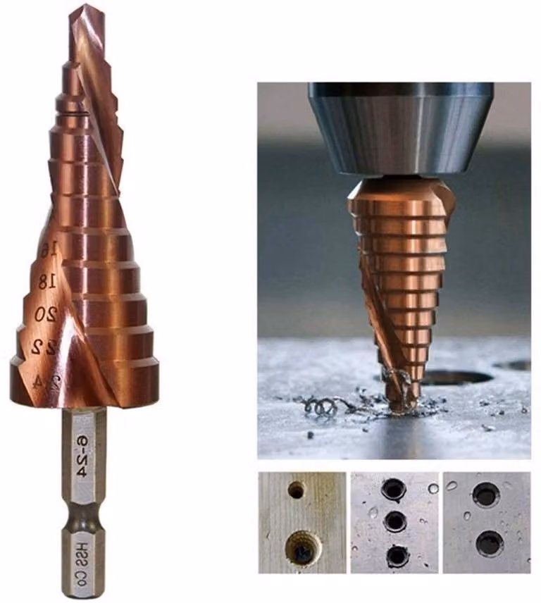Trapano a tazza da 6 a 24 mm in acciaio rapido M35 con filettatura elicoidale, ideale per l'acciaio inossidabile, rinforzato per fori di grandi dimensioni e per la realizzazione di maschiature
