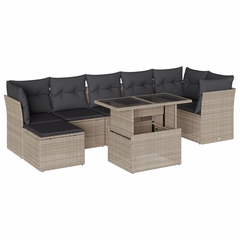Set Divano da Giardino 8pz con Cuscini Grigio Chiaro Polyrattan
