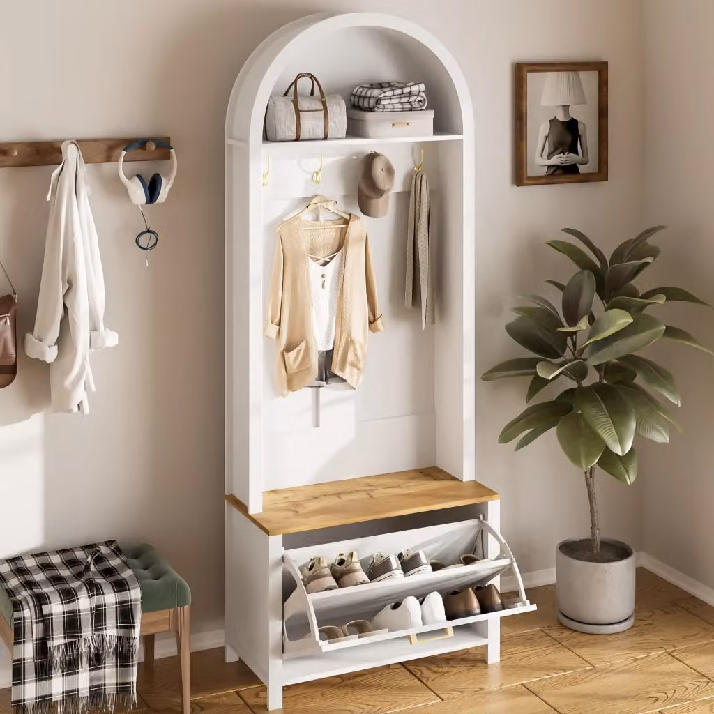 Mobile da ingresso moderno con appendiabiti, scarpiera con ante e ripiani in MDF e legno, bianco, L: 75 cm, P: 35 cm, H: 195 cm – 2