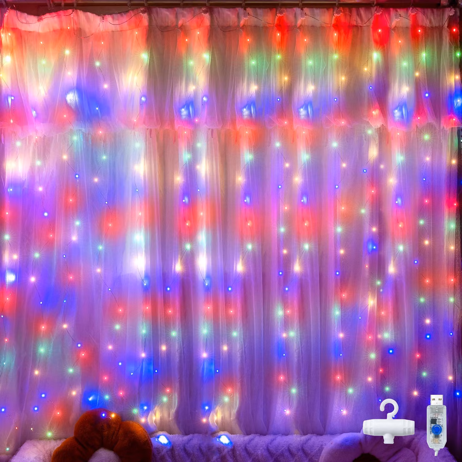 Tenda luminosa a LED, dimensioni 2x2 metri, 200 LED, alimentazione USB, grado di protezione IP44, multicolore